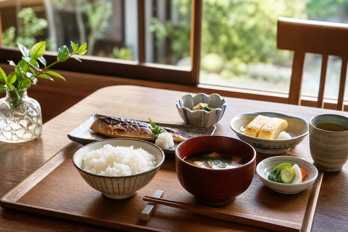 自然光下木桌上的日式早餐住宿体验